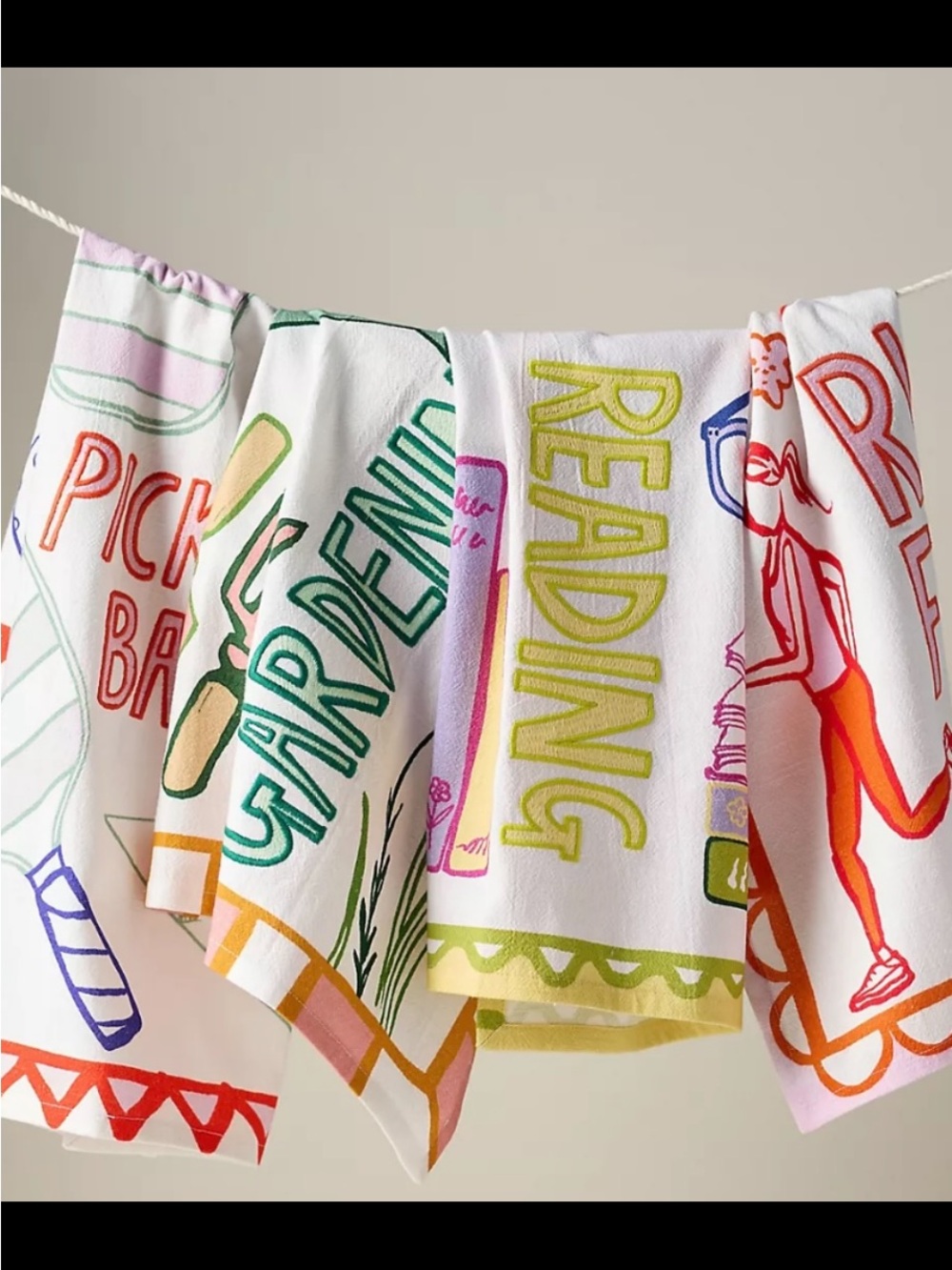 Anthropologie White Kitchen Towel with Green, Pink, Yellow Gardening Print - Picture 2 of 5